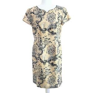 Talbots 100% Silk Sheath Dress – Asian Motif Beige & Black Women's Size 10